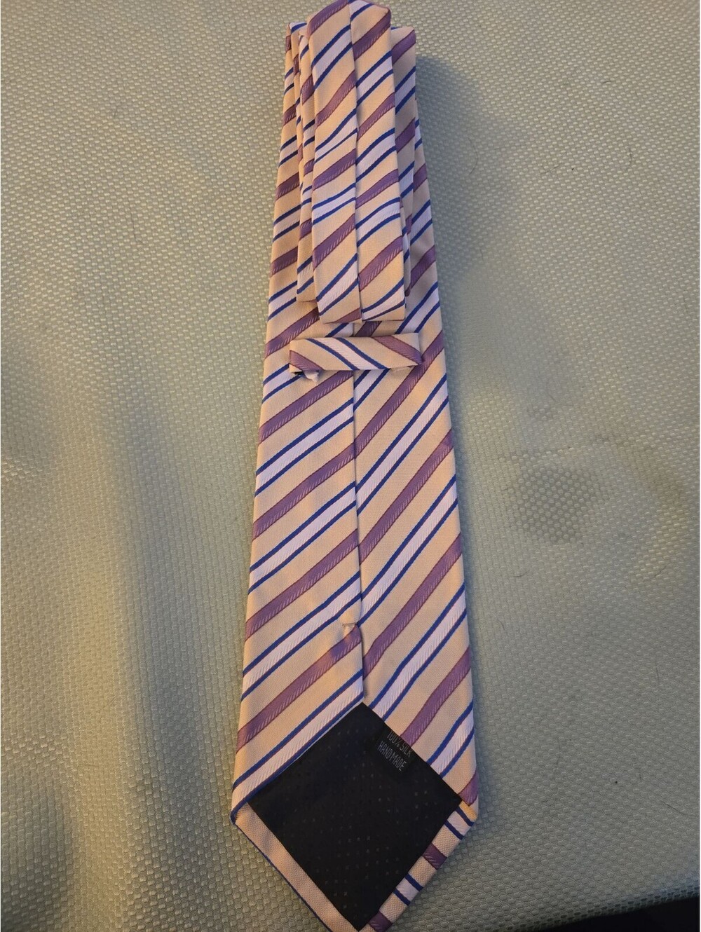 Handmade 100% Silk Diagonal Striped Tie in Peach, Purple, and Blue - Picture 2 of 5